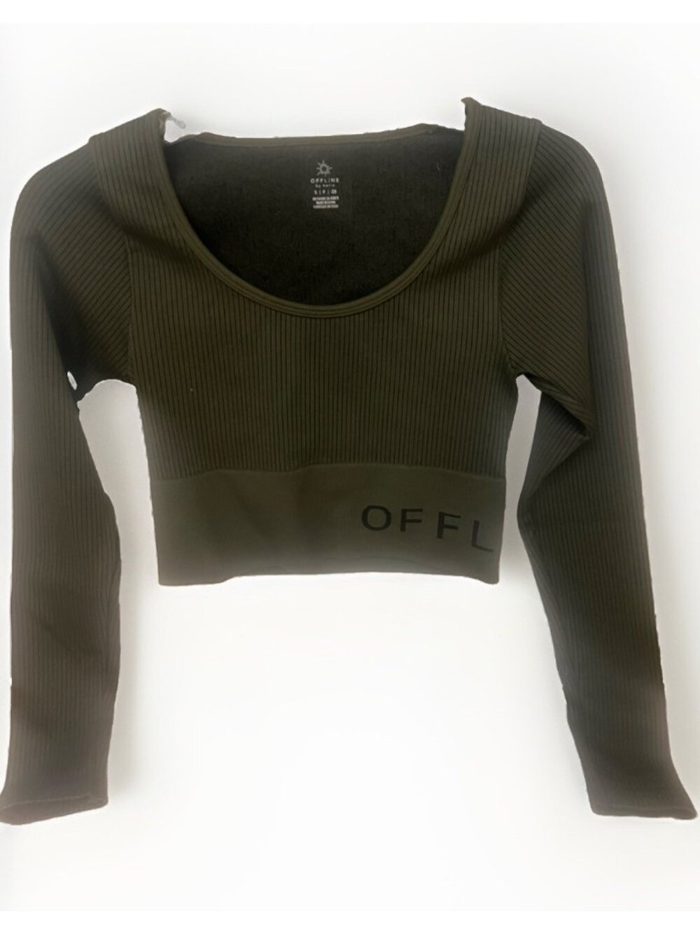 Offline by Aerie Ribbed Seamless Long Sleeve Crop Top Green Scoop Neck S. K